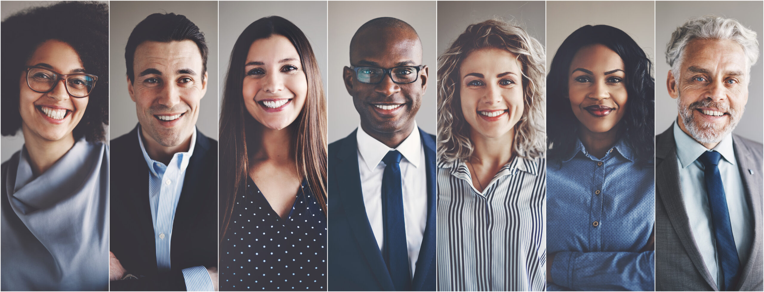 Collage of portraits of an ethnically diverse and mixed age group of focused business professionals